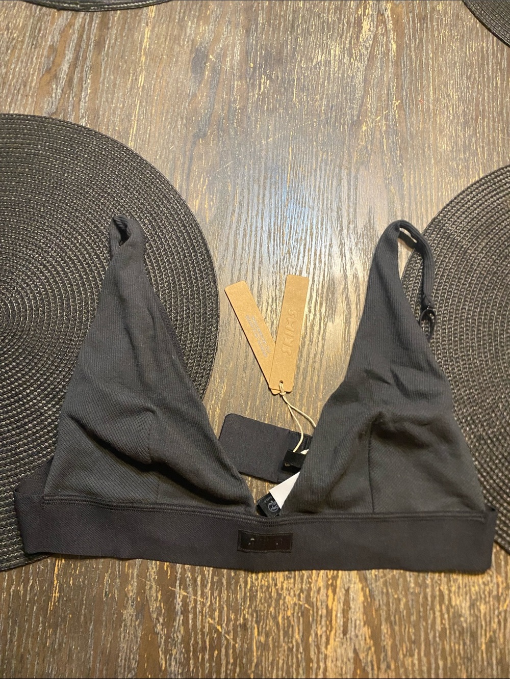 SKIMS Black cotton Ribbed plunge Triangle Bralette large NWT